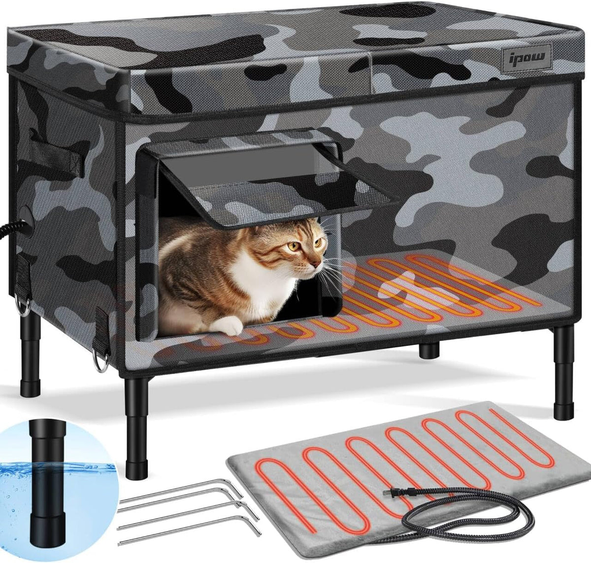 Waterproof heated cat house with heating pad and ground stakes