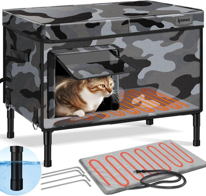 Waterproof heated cat house with heating pad and ground stakes
