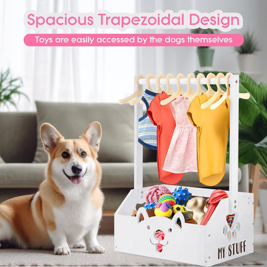 Wooden Dog Closet Organizer with Toy Bin, Pink and White