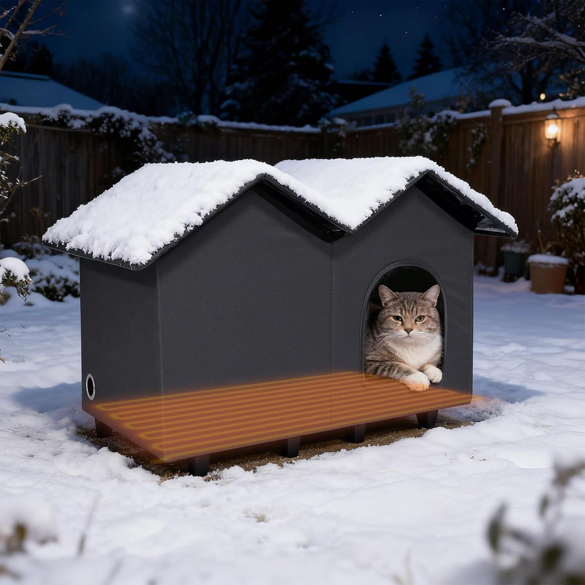 Gray double-roof heated cat house with a cat, in snow