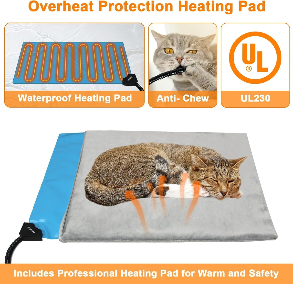 Heating pad with anti-chew cord for plastic cat house