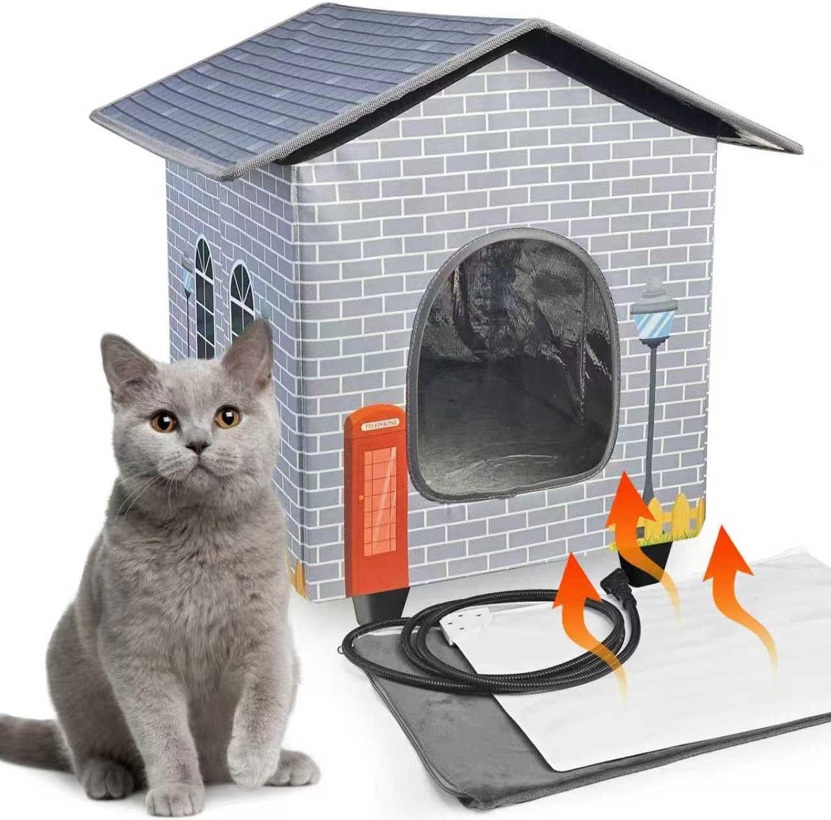Brick-print single-roof heated cat house with gray cat
