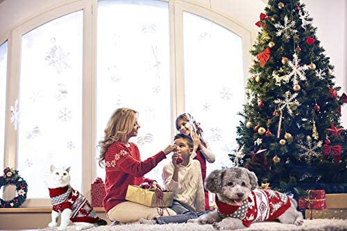 Family and pets in Christmas sweaters by the tree