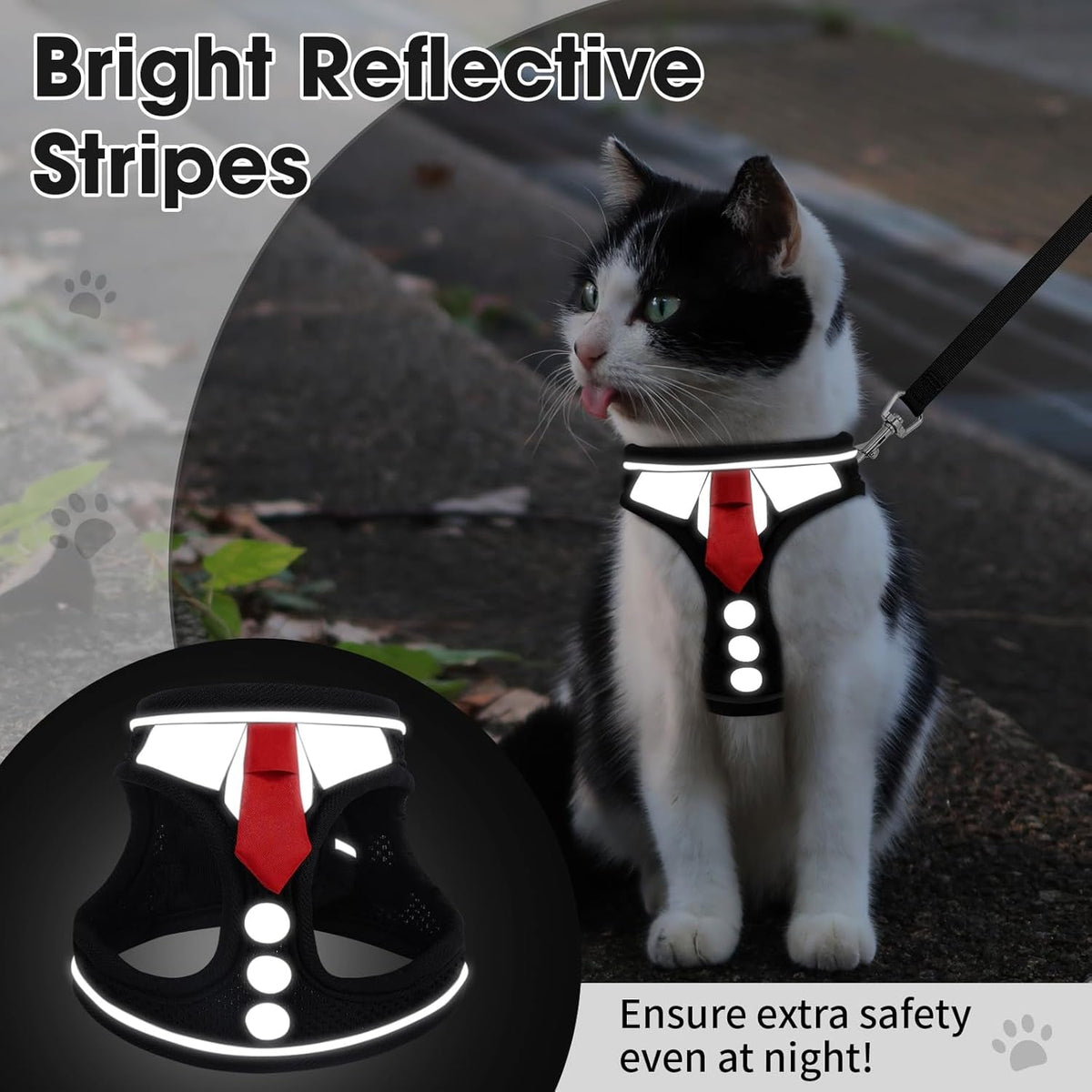 Reflective stripes on cat harness at night