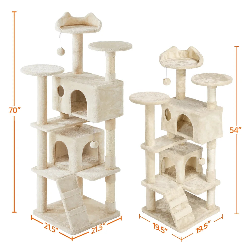 70 in Double Condo Cat Tree with Scratching Posts, Cream