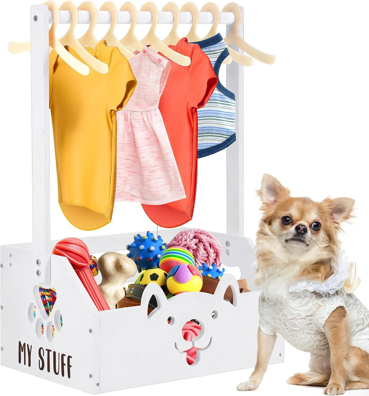 Wooden Dog Closet Organizer with Toy Bin, Pink and White