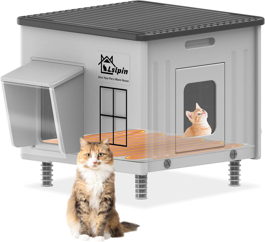 Gray plastic heated cat house with covered entrance and cat