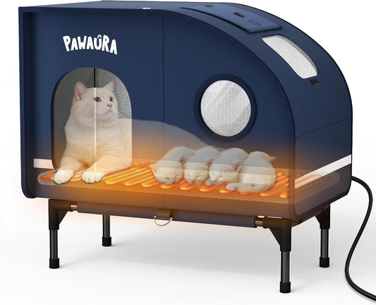 Large camper-style heated cat house with cat on heating pad