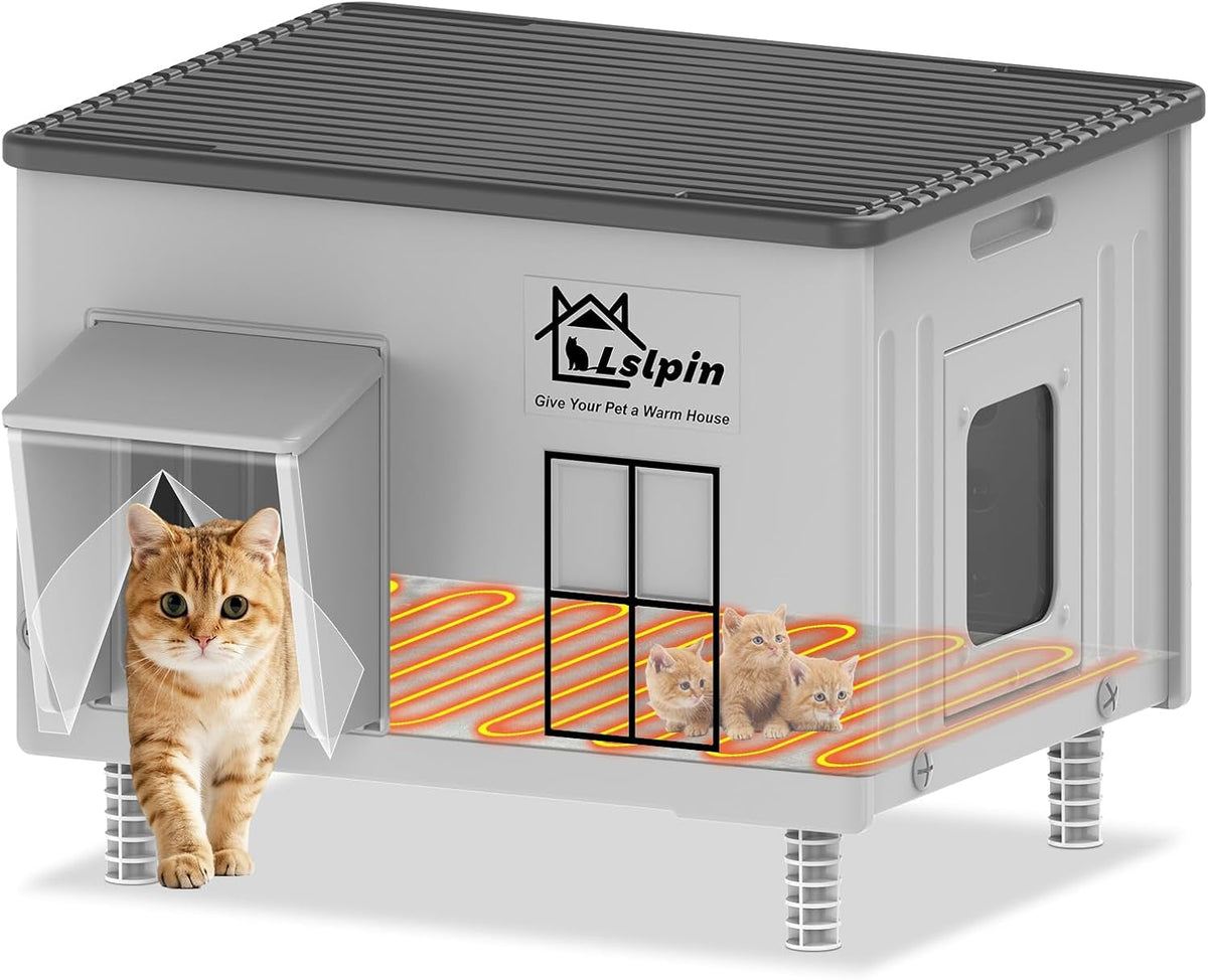 Cat entering plastic heated cat house through transparent door