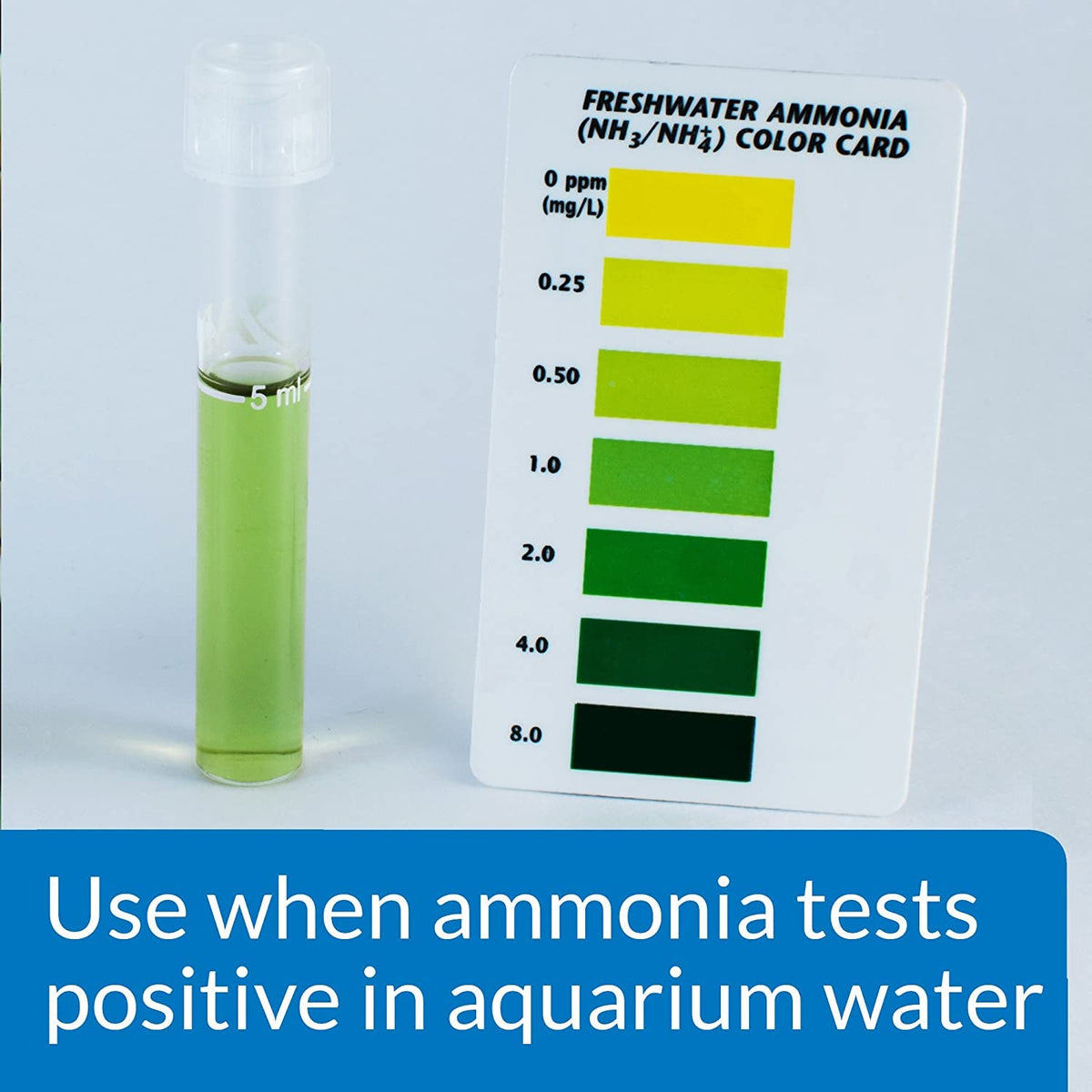 Aquarium ammonia test vial and colour card used before dosing API AMMO-LOCK