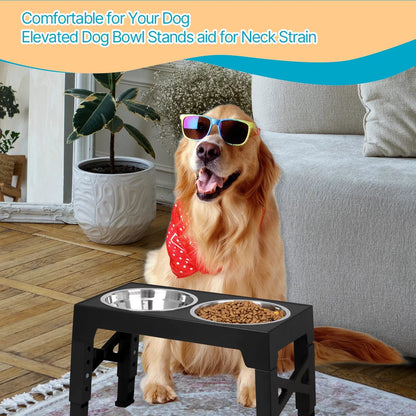 Adjustable Elevated Dog Bowl Stand with Steel Dishes