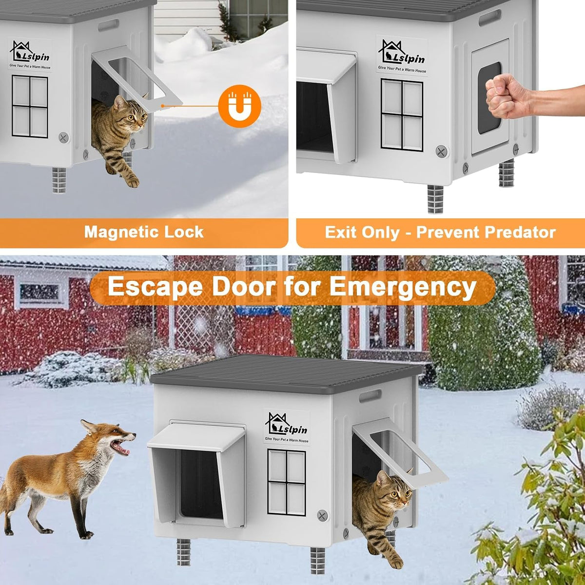 Exit-only escape door with magnetic lock on plastic cat house