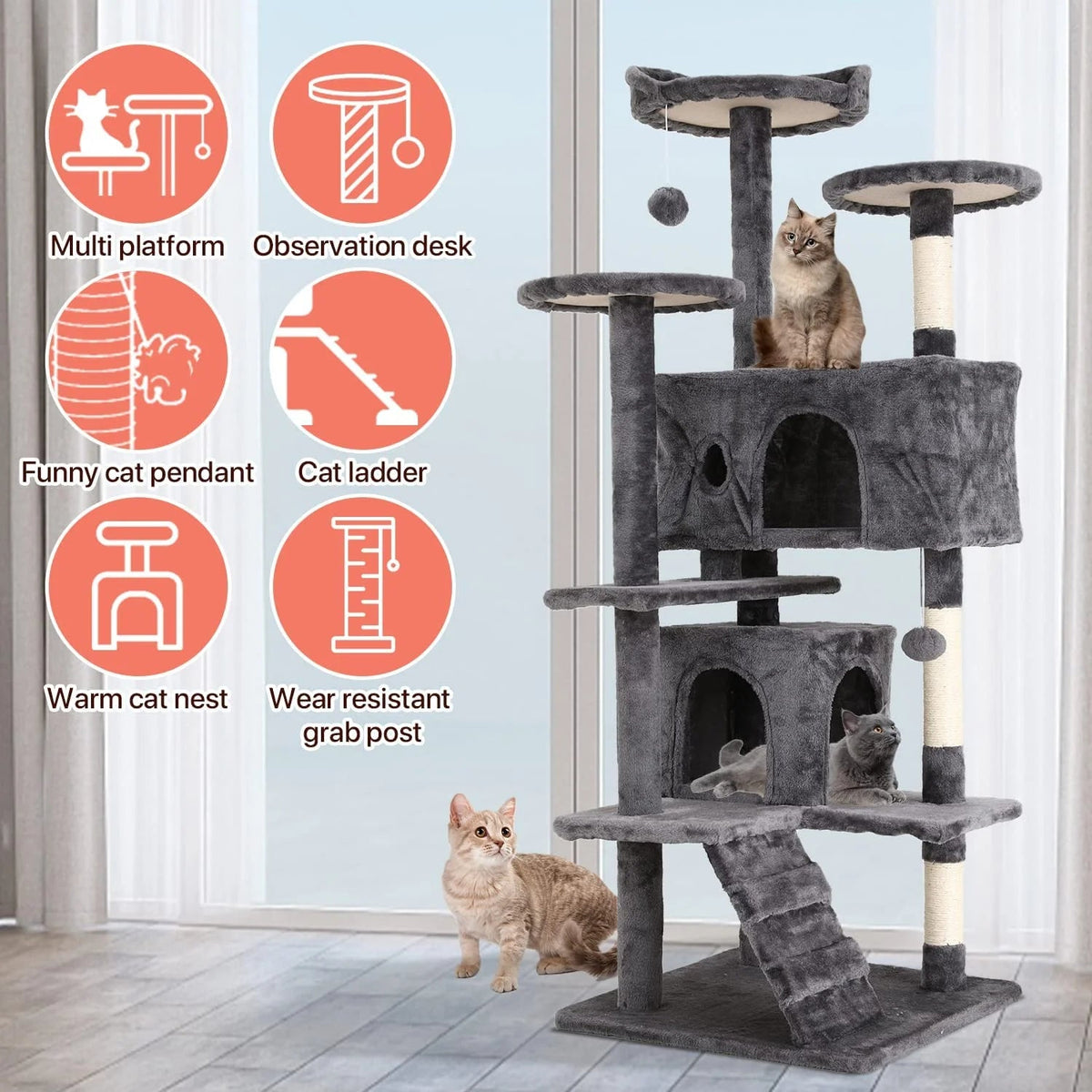 54 in Double Condo Cat Tree with Perch, Ash Gray