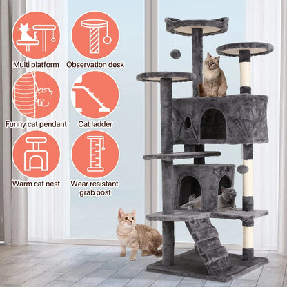 54 in Double Condo Cat Tree with Perch, Ash Gray