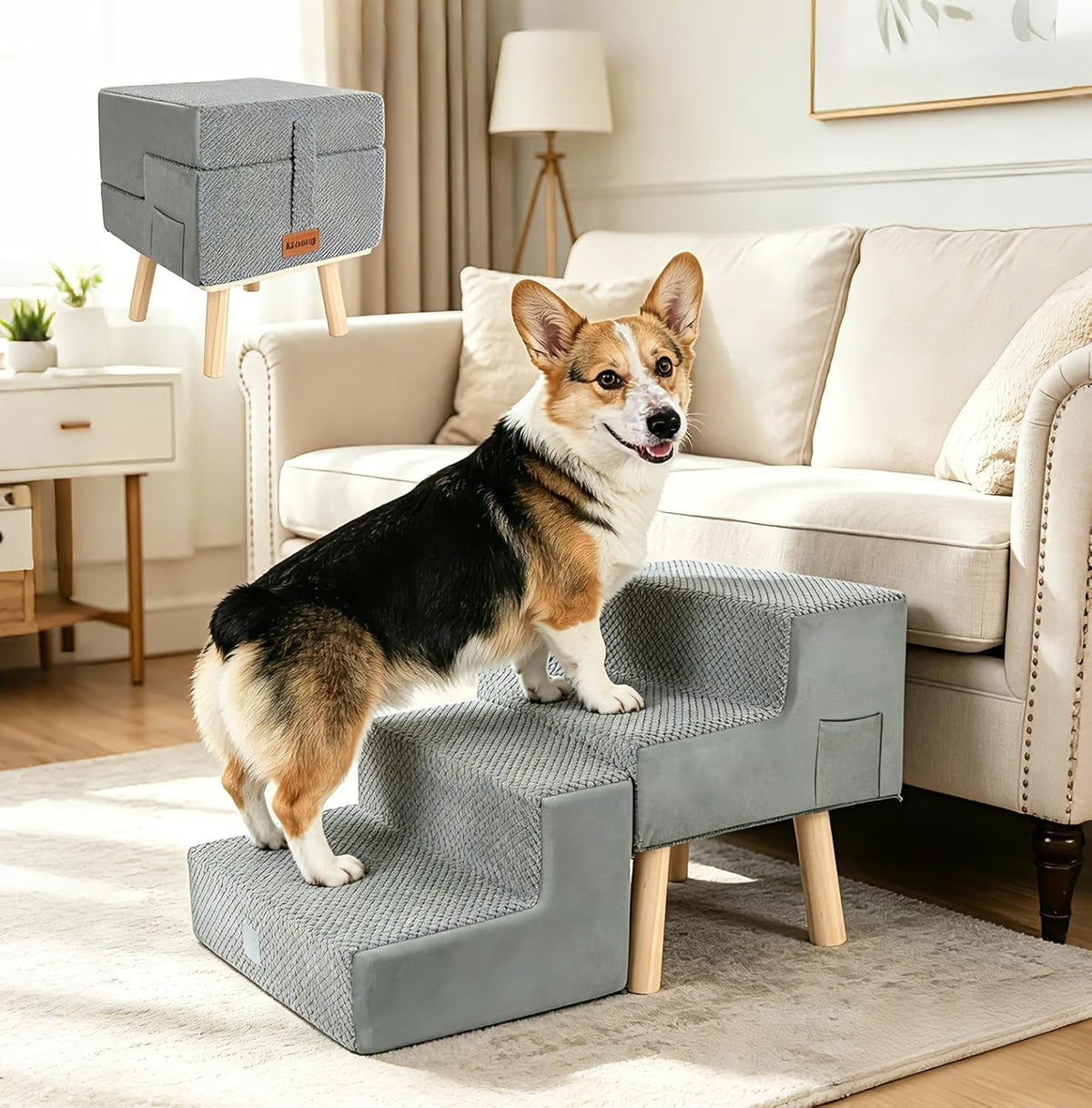 4-Step Foldable Dog Stairs and Ottoman Ramp