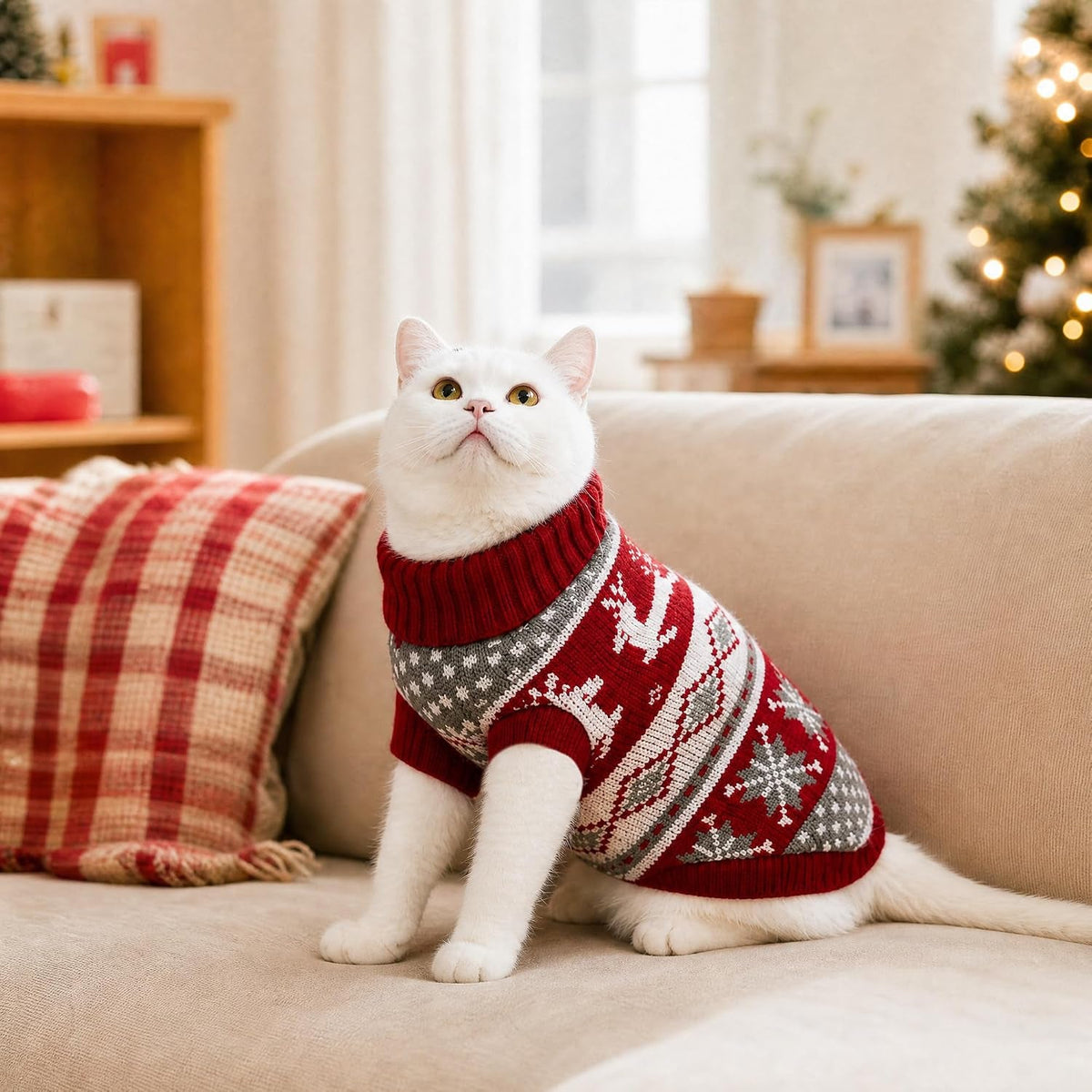 White cat wearing red reindeer Christmas sweater on a sofa