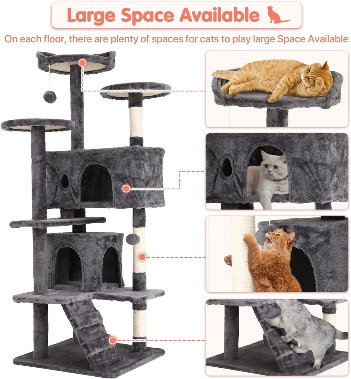 54 in Double Condo Cat Tree with Perch, Ash Gray