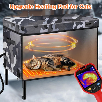 Cat resting on heated pad inside waterproof cat house