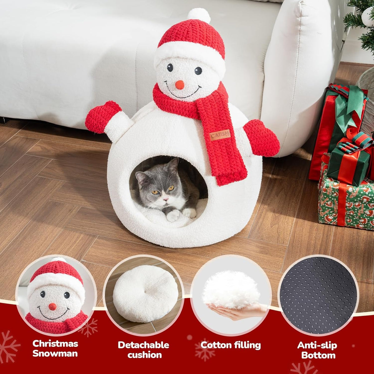 Snowman cat bed details: removable cushion, cotton filling, anti-slip bottom