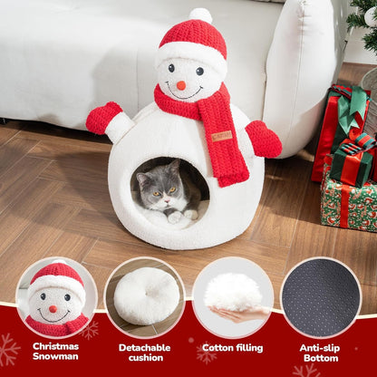 Snowman cat bed details: removable cushion, cotton filling, anti-slip bottom