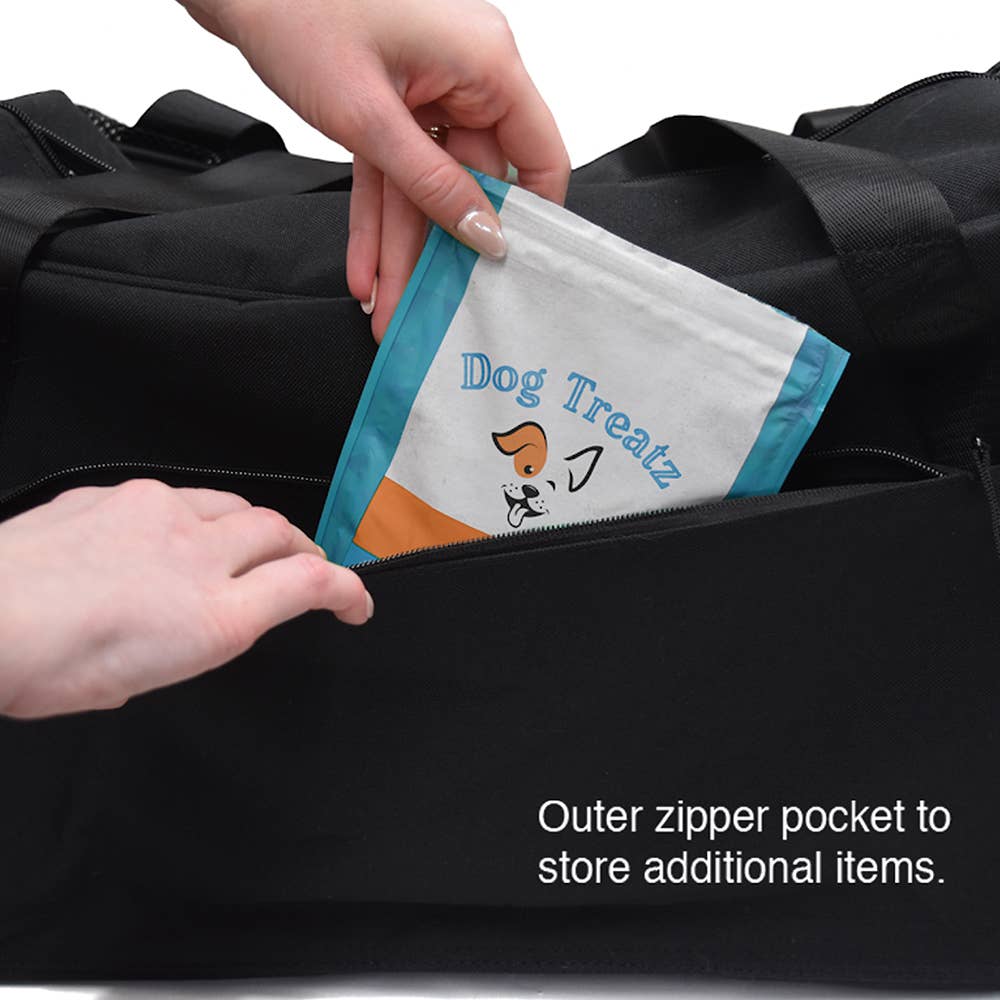 Outer zipper pocket of pet carrier for treats