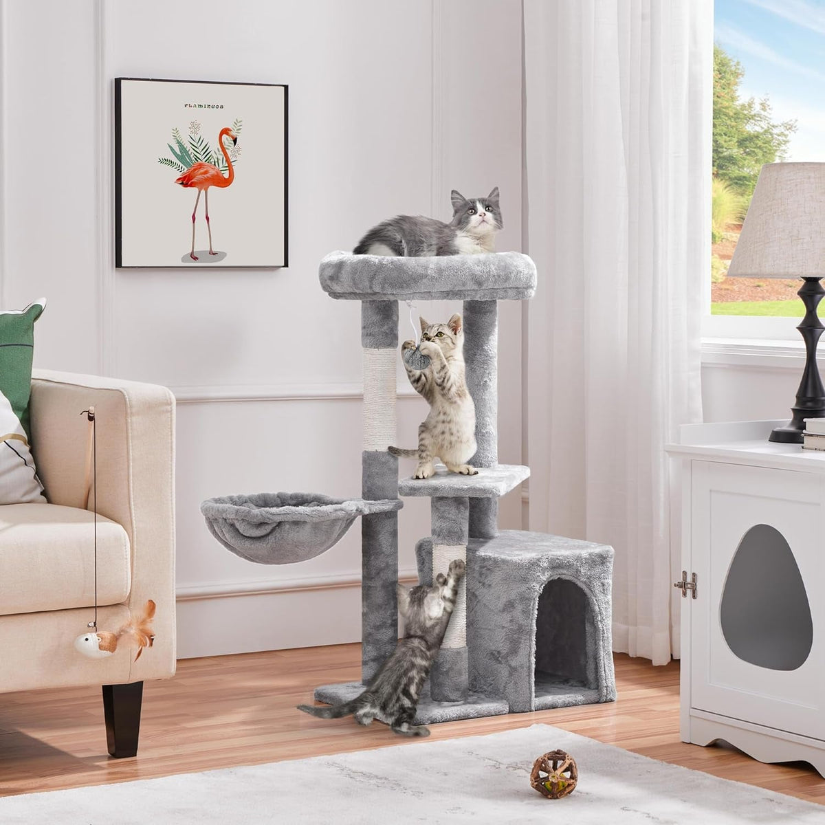 Plush Cat Tower with Condo, Basket and 3 Scratching Posts