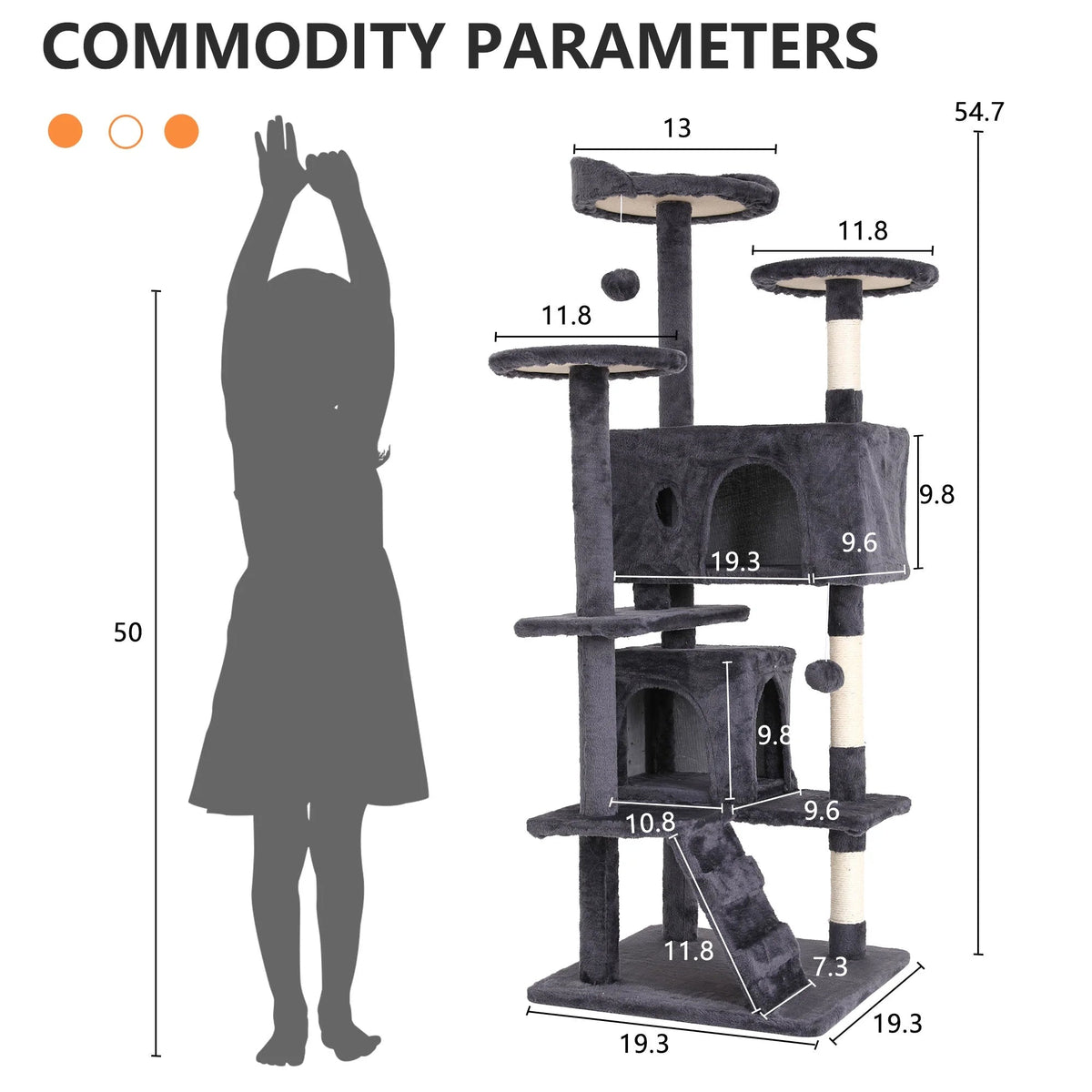 54 in Double Condo Cat Tree with Perch, Ash Gray