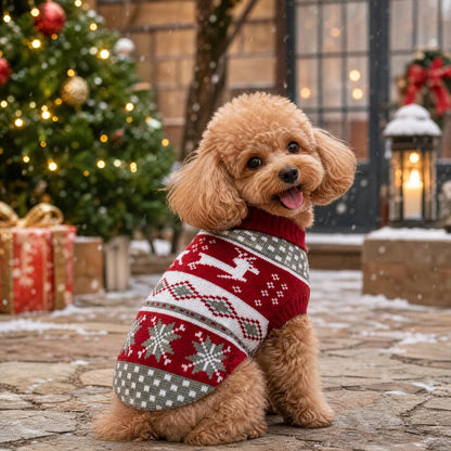 Poodle wearing reindeer sweater next to a Christmas tree