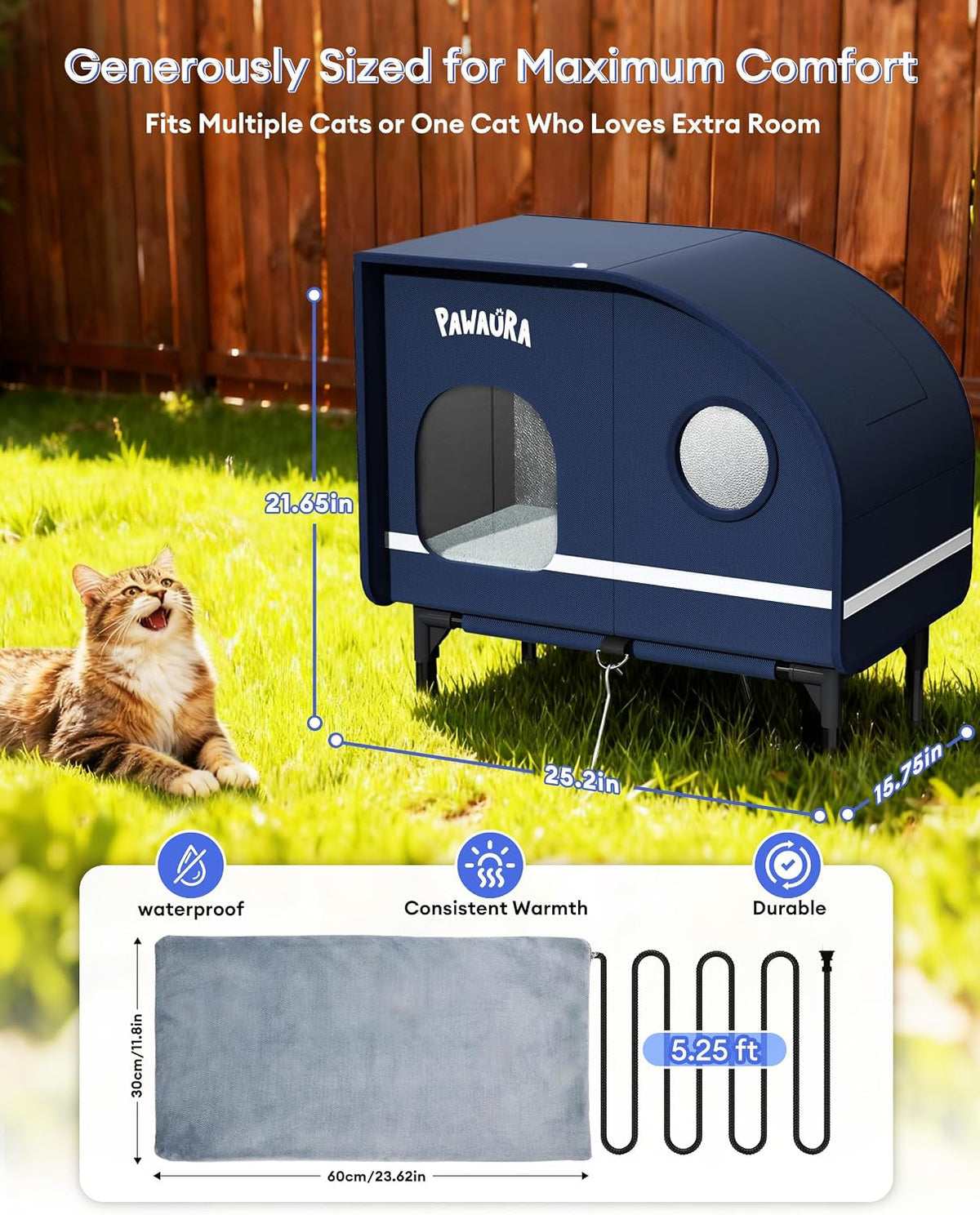 Size diagram of large heated cat house and heating pad