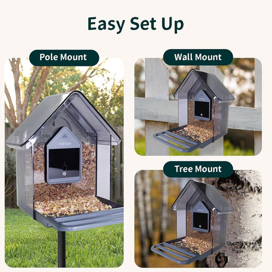 Smart bird feeder with pole, wall and tree mounting options
