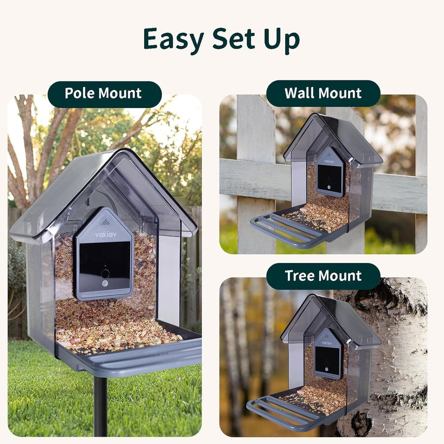 Smart bird feeder with pole, wall and tree mounting options