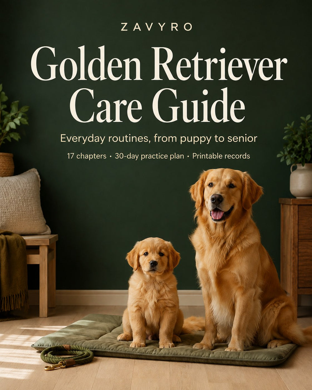Zavyro Golden Retriever Care Guide PDF cover with an adult Golden Retriever and puppy
