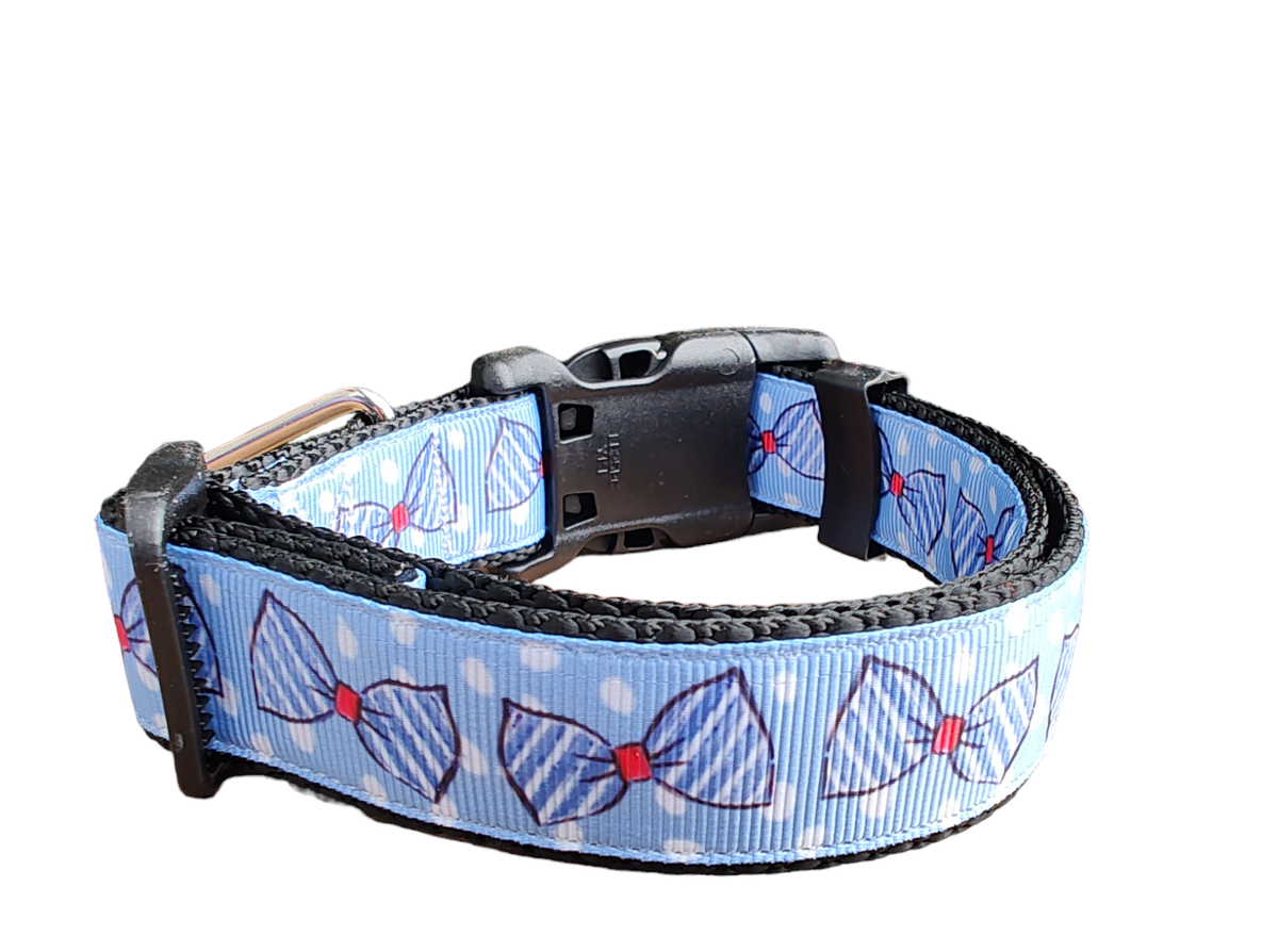 Blue Bow Ties Black Nylon Dog Collar MD, LG, XL, Leash