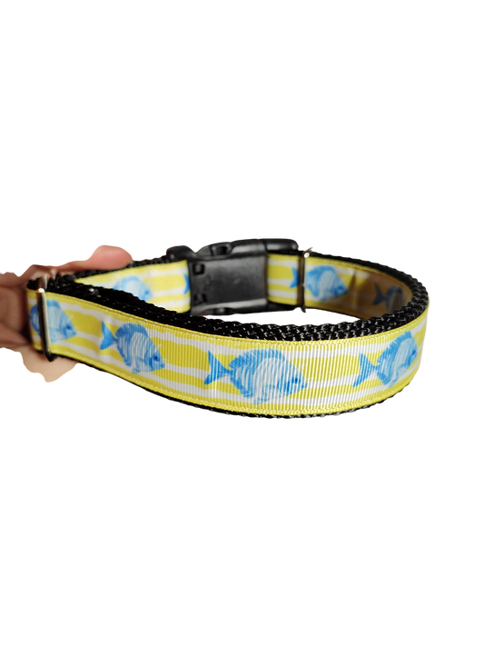 Fish On Yellow Stripes Nylon Dog Collar