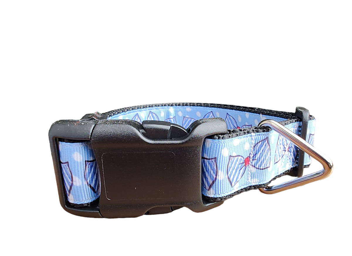 Blue Bow Ties Black Nylon Dog Collar MD, LG, XL, Leash
