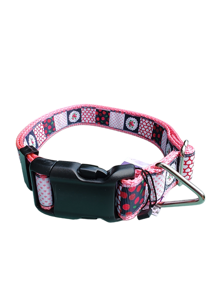 Patchwork Cherries Pink Nylon Dog Collar MD, LG, XL, Leash
