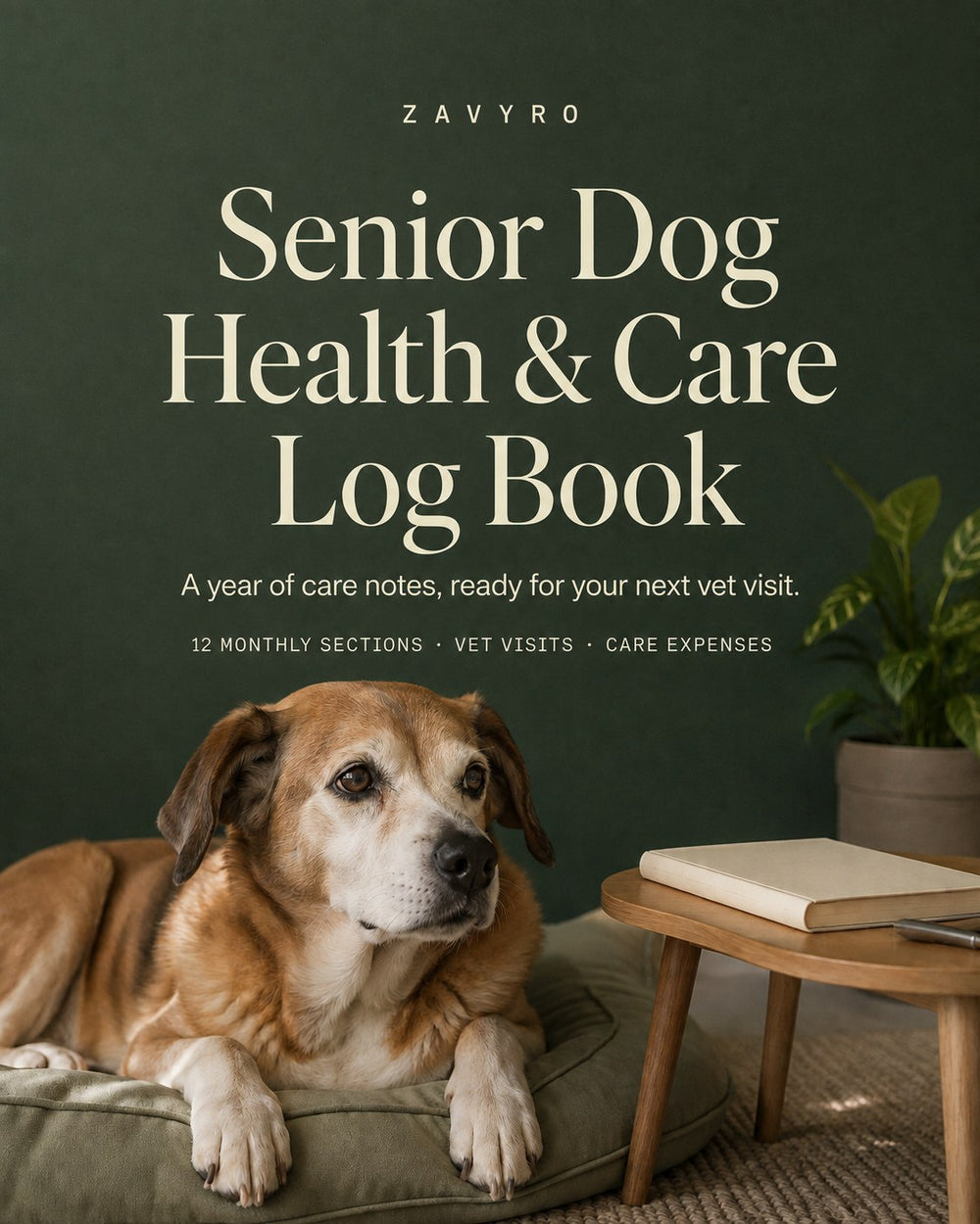 Zavyro Senior Dog Health and Care Log Book PDF cover with an older dog resting beside a notebook