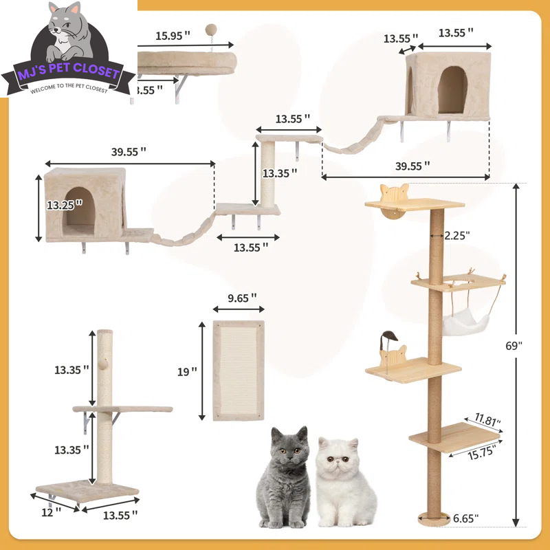 Wall-Mounted Cat Climbing Tower, 7 Pieces