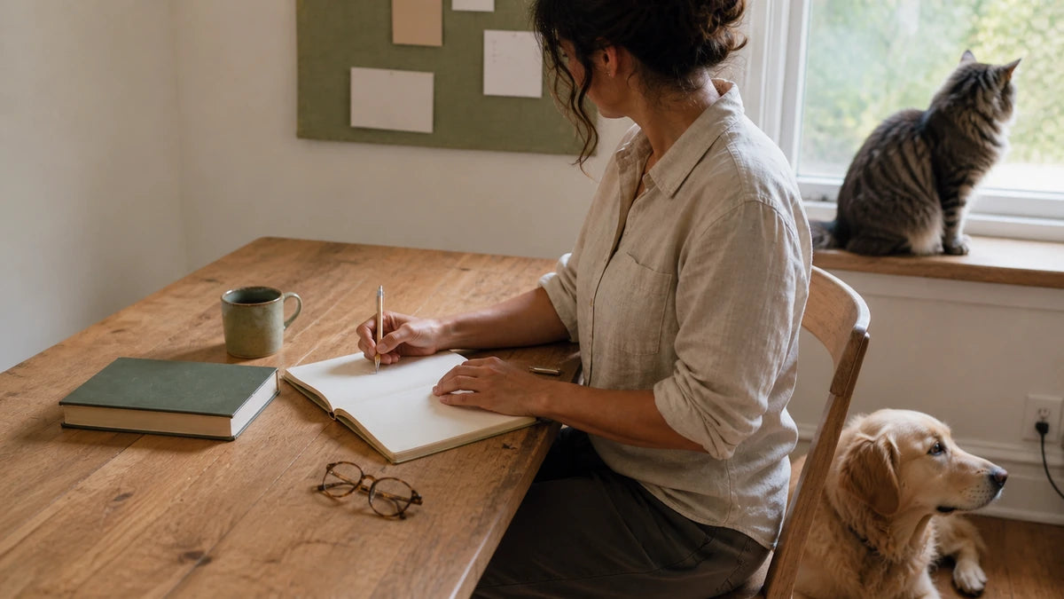 Pet owner taking notes with a dog and cat nearby at home